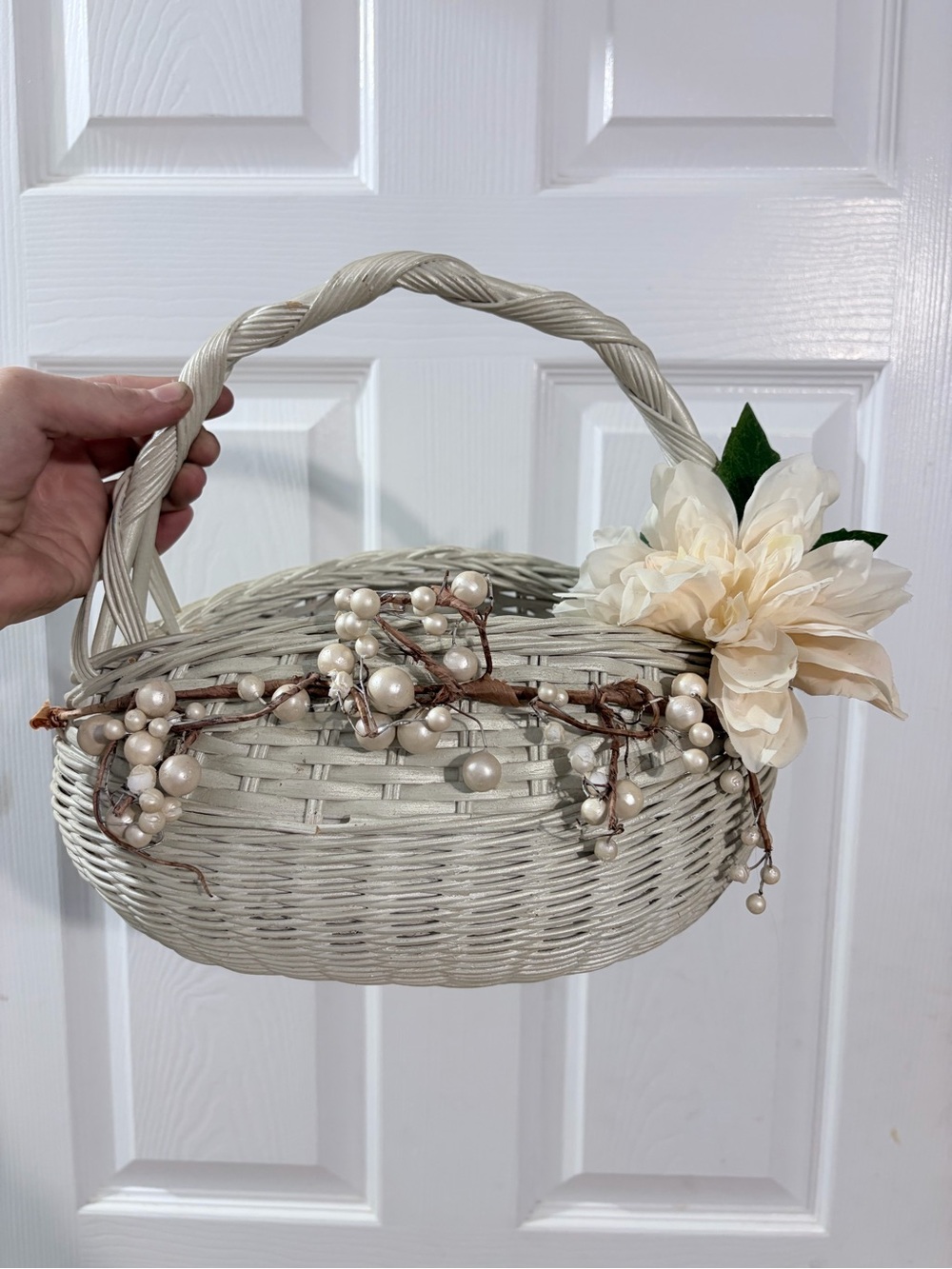 Ivory Wicker Flower Girl Basket Faux Pearl Floral Wedding Cottagecore Decor